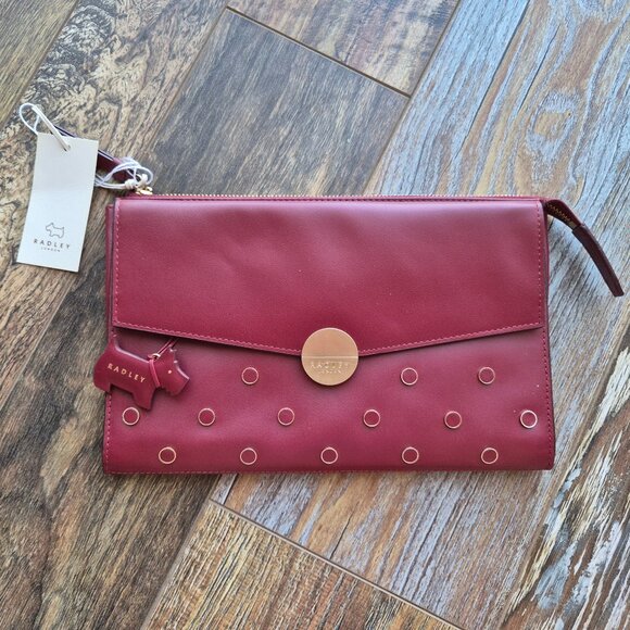 NWT Radley London Broad Street Studded Red Berry Leather Clutch Bag Zip/Snap - Picture 1 of 12